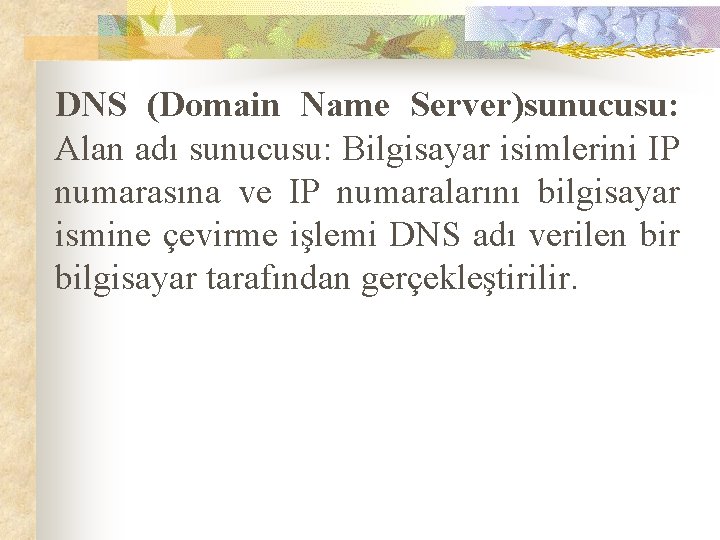 DNS (Domain Name Server)sunucusu: Alan adı sunucusu: Bilgisayar isimlerini IP numarasına ve IP numaralarını