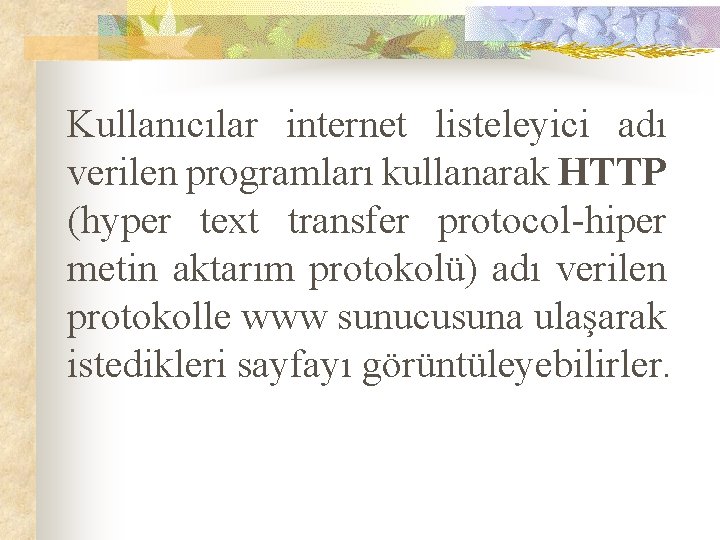 Kullanıcılar internet listeleyici adı verilen programları kullanarak HTTP (hyper text transfer protocol-hiper metin aktarım