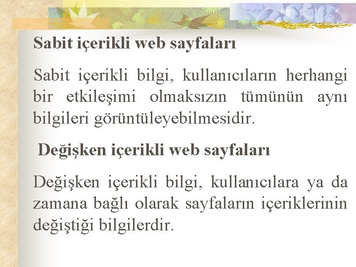 Sabit içerikli web sayfaları Sabit içerikli bilgi, kullanıcıların herhangi bir etkileşimi olmaksızın tümünün aynı