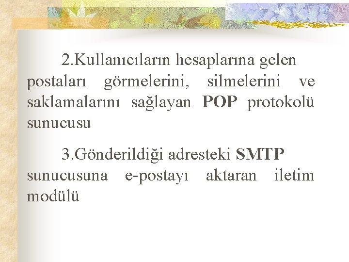 2. Kullanıcıların hesaplarına gelen postaları görmelerini, silmelerini ve saklamalarını sağlayan POP protokolü sunucusu 3.