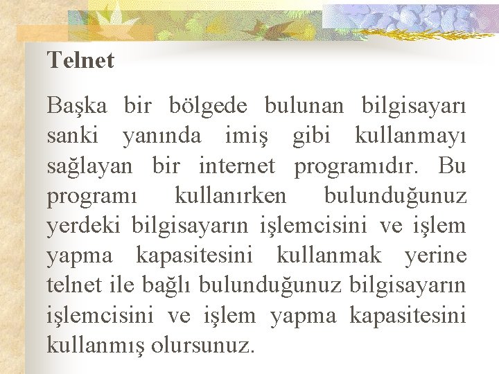 Telnet Başka bir bölgede bulunan bilgisayarı sanki yanında imiş gibi kullanmayı sağlayan bir internet