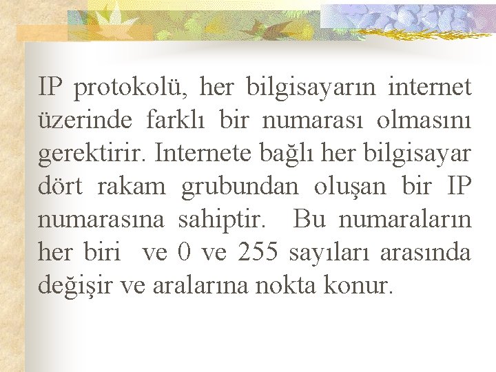 IP protokolü, her bilgisayarın internet üzerinde farklı bir numarası olmasını gerektirir. Internete bağlı her