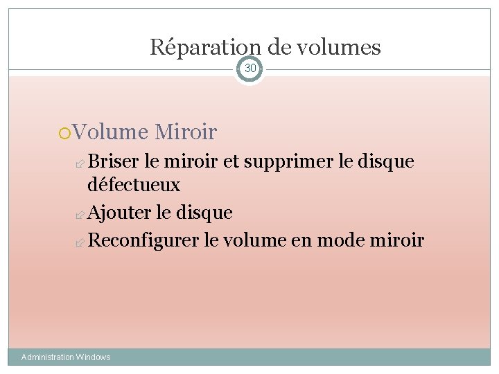 Réparation de volumes 30 Volume Miroir Briser le miroir et supprimer le disque défectueux