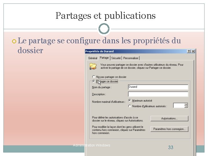 Partages et publications Le partage se configure dans les propriétés du dossier Administration Windows