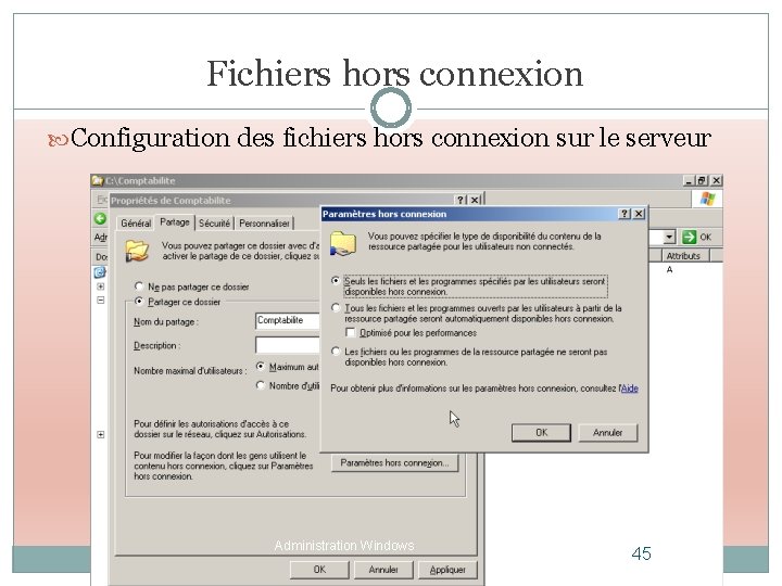 Fichiers hors connexion Configuration des fichiers hors connexion sur le serveur Administration Windows 45