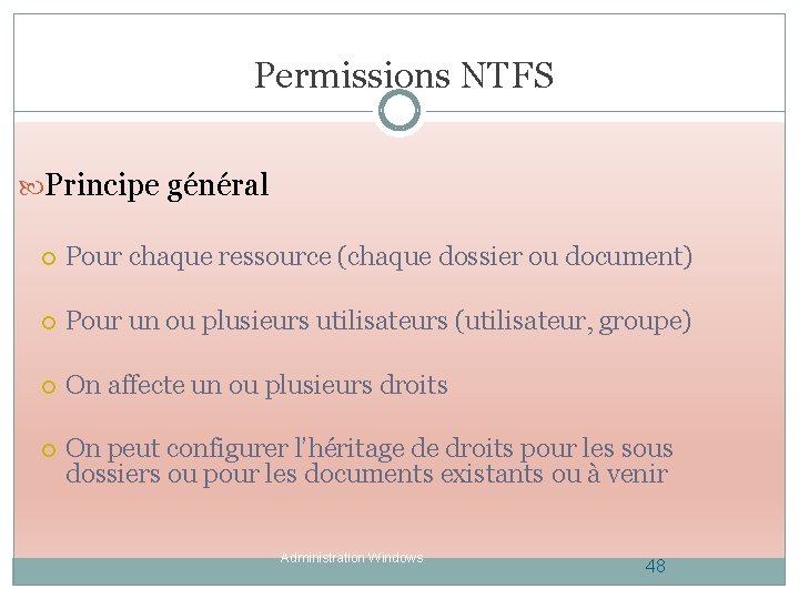 Permissions NTFS Principe général Pour chaque ressource (chaque dossier ou document) Pour un ou