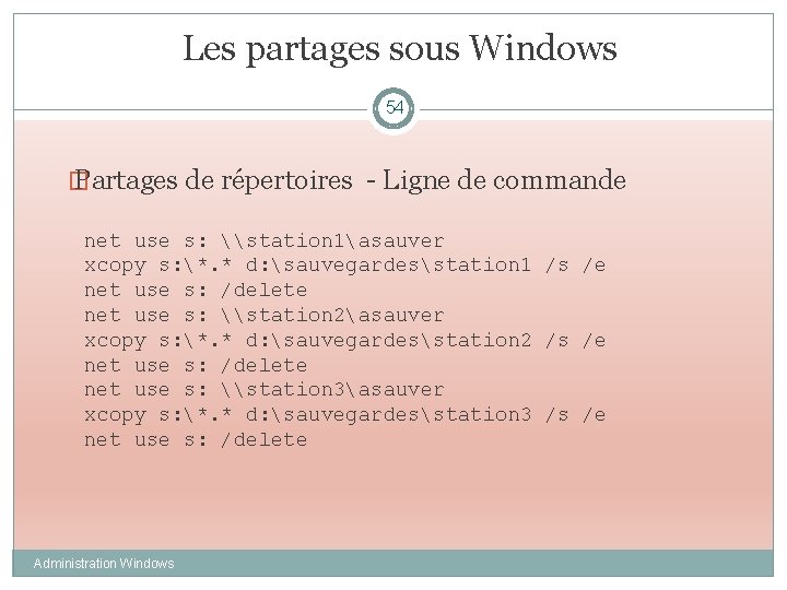 Les partages sous Windows 54 � Partages de répertoires - Ligne de commande net