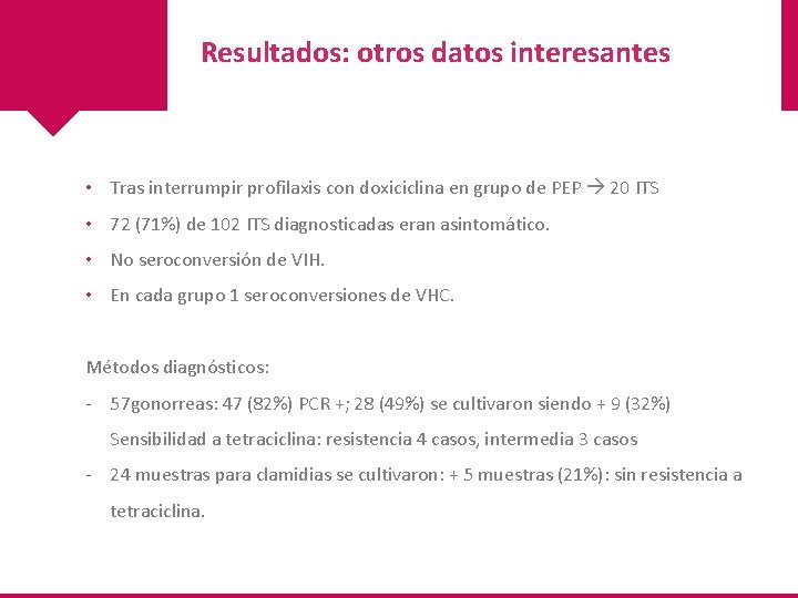 Resultados: otros datos interesantes • Tras interrumpir profilaxis con doxiciclina en grupo de PEP