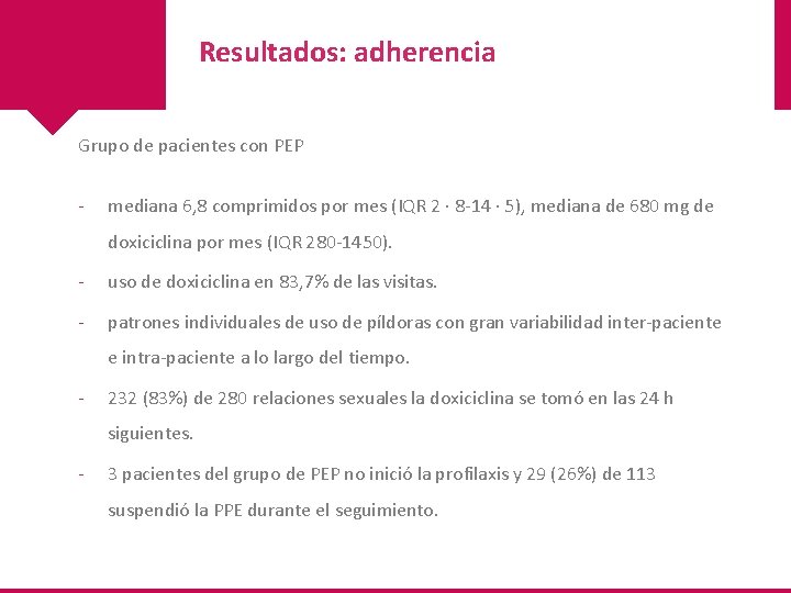 Resultados: adherencia Grupo de pacientes con PEP - mediana 6, 8 comprimidos por mes