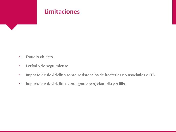 Limitaciones • Estudio abierto. • Período de seguimiento. • Impacto de doxiciclina sobre resistencias