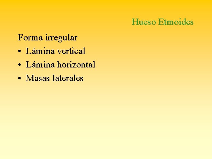 Hueso Etmoides Forma irregular • Lámina vertical • Lámina horizontal • Masas laterales 