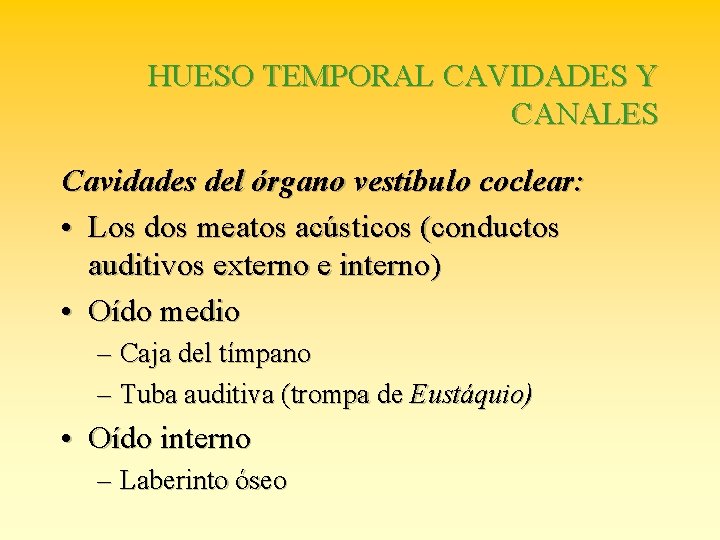 HUESO TEMPORAL CAVIDADES Y CANALES Cavidades del órgano vestíbulo coclear: • Los dos meatos