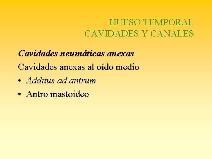 HUESO TEMPORAL CAVIDADES Y CANALES Cavidades neumáticas anexas Cavidades anexas al oído medio •