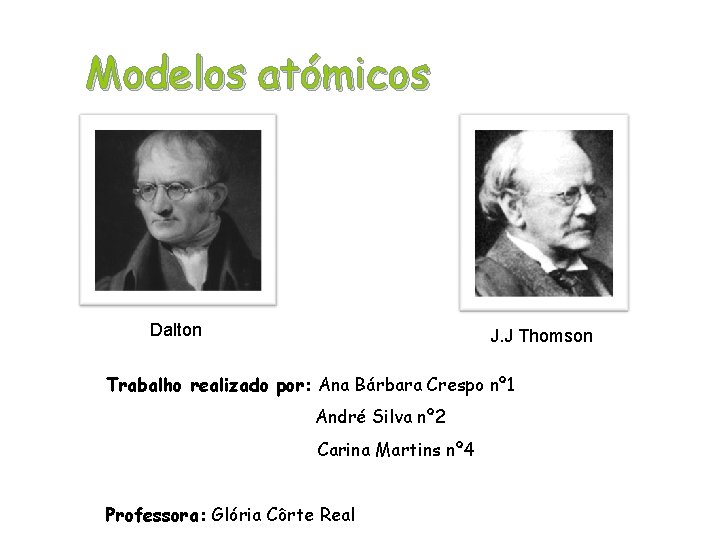 Modelos atómicos Dalton J. J Thomson Trabalho realizado por: Ana Bárbara Crespo nº 1