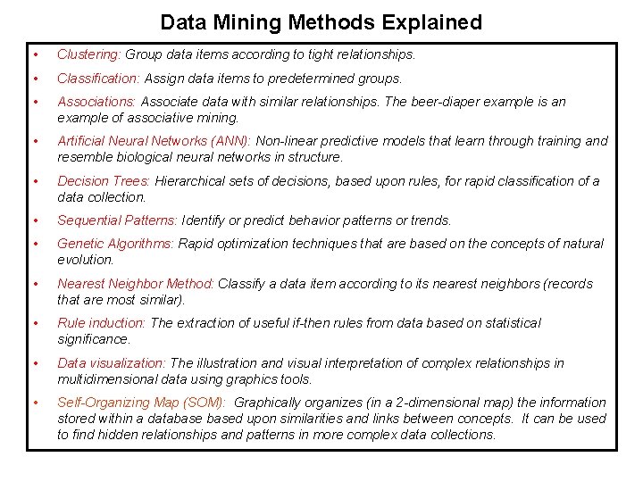 Data Mining Methods Explained • Clustering: Group data items according to tight relationships. •