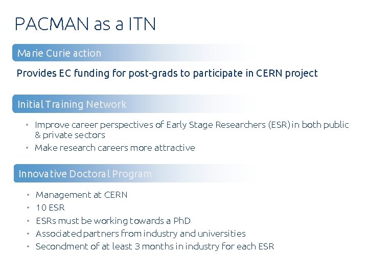 PACMAN as a ITN Marie Curie action Provides EC funding for post-grads to participate