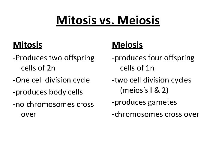 Mitosis vs. Meiosis Mitosis Meiosis -Produces two offspring cells of 2 n -One cell