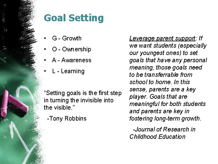Goal Setting • G - Growth Leverage parent support: If we want students (especially