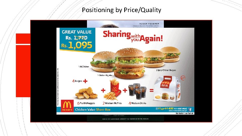 Positioning by Price/Quality • Reflects the image of a high quality brand, while cost,