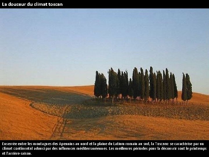 La douceur du climat toscan Enserrée entre les montagnes des Apennins au nord et