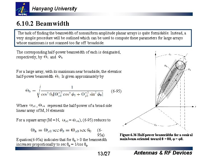 Hanyang University 6. 10. 2 Beamwidth The task of finding the beamwidth of nonuniform