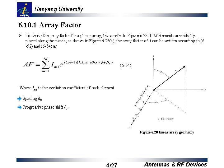 Hanyang University 6. 10. 1 Array Factor Ø To derive the array factor for