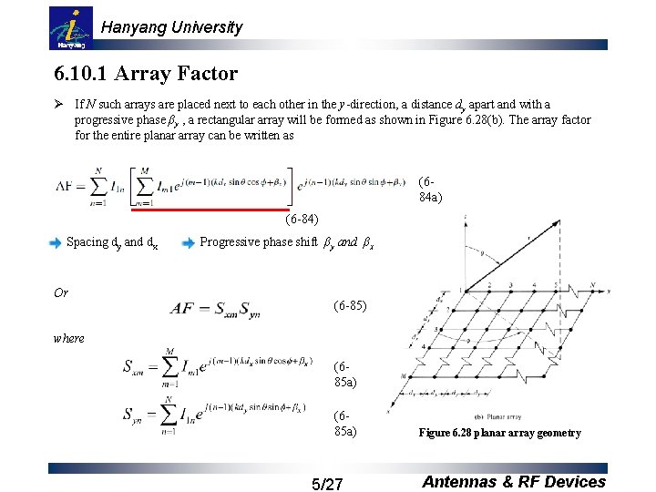 Hanyang University 6. 10. 1 Array Factor Ø If N such arrays are placed