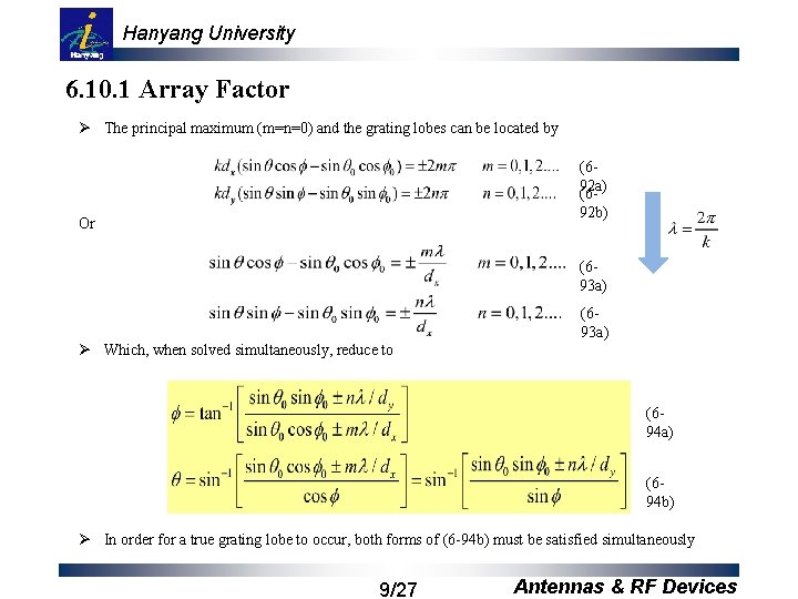 Hanyang University 6. 10. 1 Array Factor Ø The principal maximum (m=n=0) and the