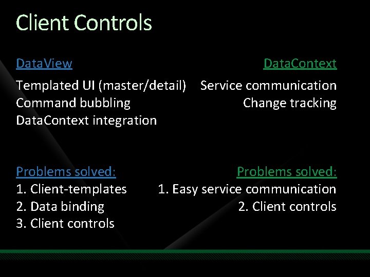 Client Controls Data. View Data. Context Templated UI (master/detail) Service communication Command bubbling Change