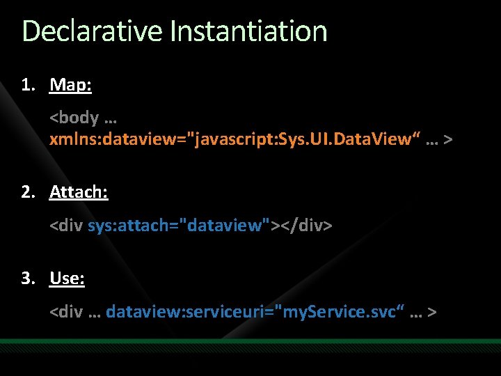 Declarative Instantiation 1. Map: <body … xmlns: dataview="javascript: Sys. UI. Data. View“ … >