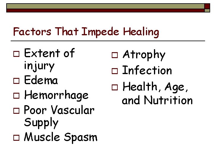 Factors That Impede Healing o o o Extent of injury Edema Hemorrhage Poor Vascular