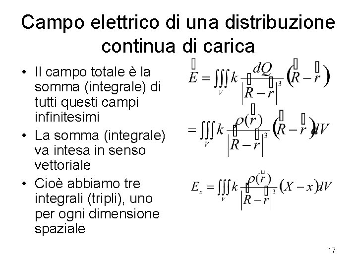 Campo elettrico di una distribuzione continua di carica • Il campo totale è la