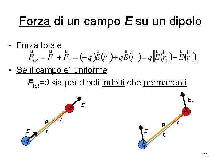 Forza di un campo E su un dipolo • Forza totale • Se il