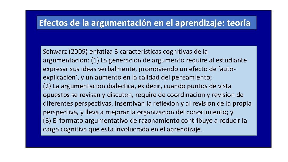 Efectos de la argumentación en el aprendizaje: teoría Schwarz (2009) enfatiza 3 caracteristicas cognitivas