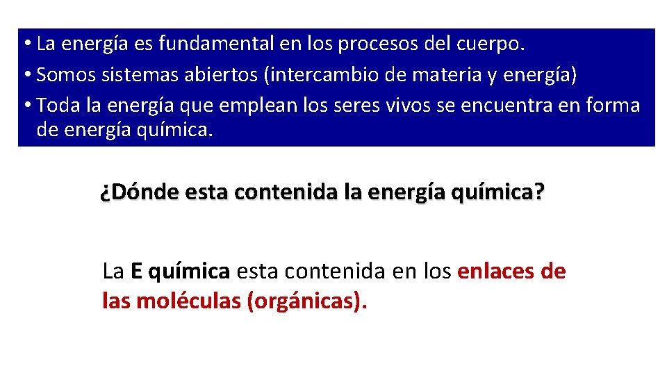  • La energía es fundamental en los procesos del cuerpo. • Somos sistemas