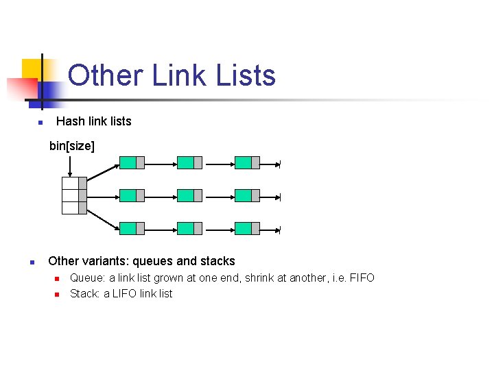 Other Link Lists n Hash link lists bin[size] n Other variants: queues and stacks