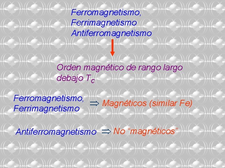 Ferromagnetismo, Ferrimagnetismo Antiferromagnetismo Orden magnético de rango largo debajo TC Ferromagnetismo, Magnéticos (similar Fe)