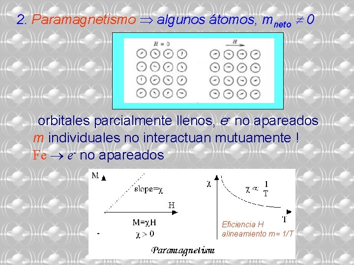 2. Paramagnetismo algunos átomos, mneto 0 orbitales parcialmente llenos, e- no apareados m individuales