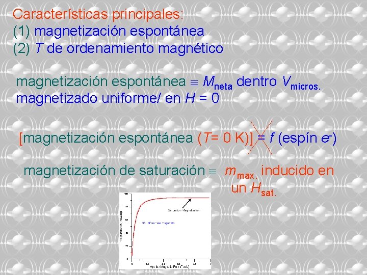 Características principales: (1) magnetización espontánea (2) T de ordenamiento magnético magnetización espontánea Mneta dentro