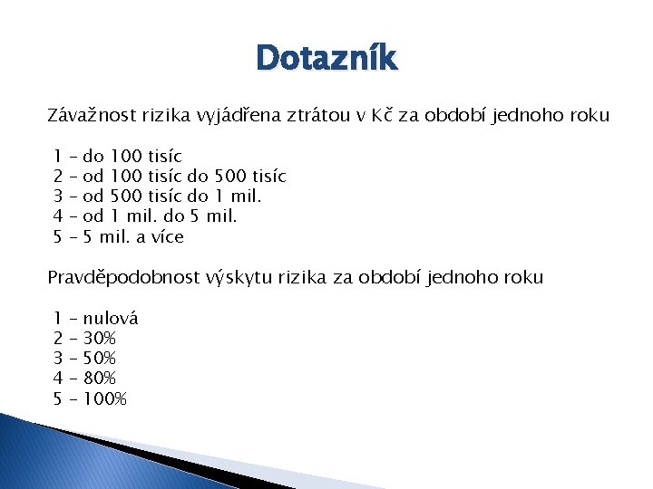 Dotazník Závažnost rizika vyjádřena ztrátou v Kč za období jednoho roku 1 2 3