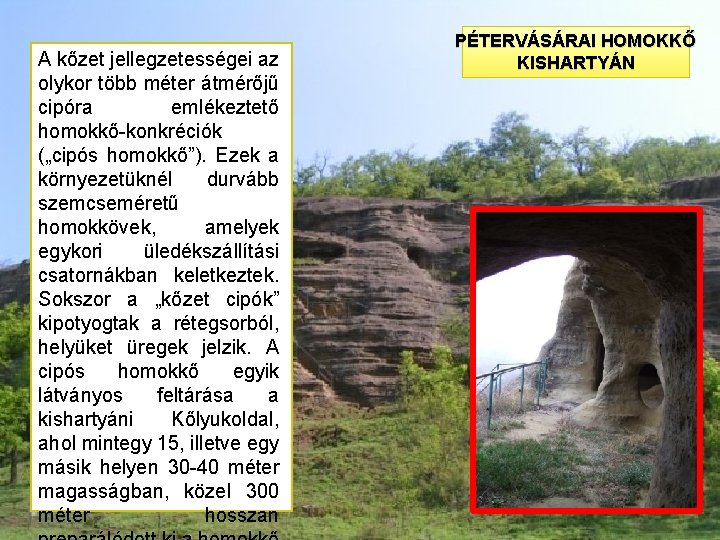 A kőzet jellegzetességei az olykor több méter átmérőjű cipóra emlékeztető homokkő-konkréciók („cipós homokkő”). Ezek