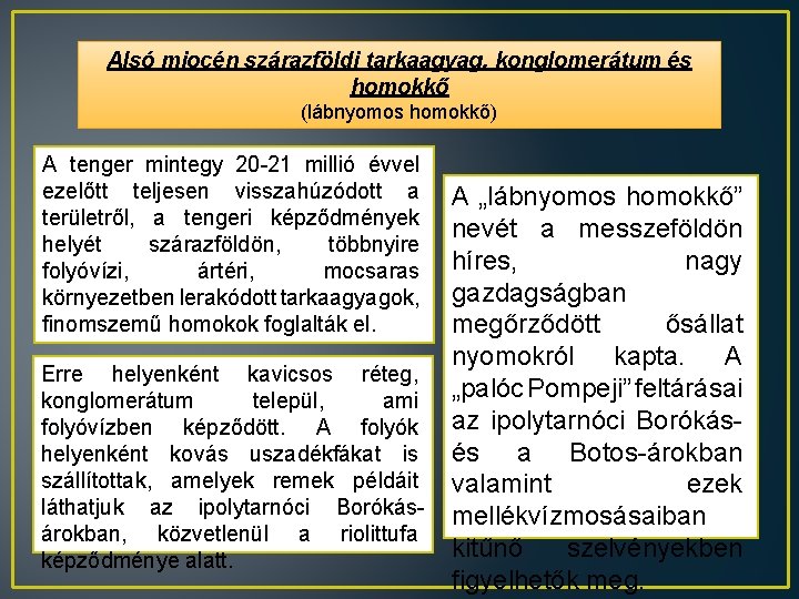 Alsó miocén szárazföldi tarkaagyag, konglomerátum és homokkő (lábnyomos homokkő) A tenger mintegy 20 -21