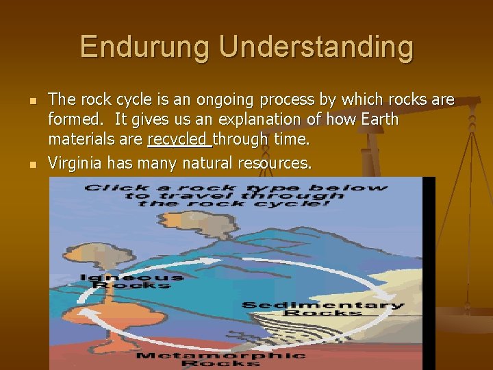 Endurung Understanding n n The rock cycle is an ongoing process by which rocks