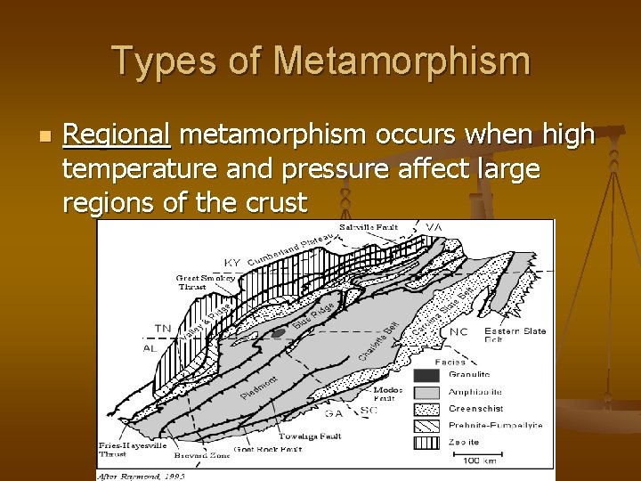 Types of Metamorphism n Regional metamorphism occurs when high temperature and pressure affect large