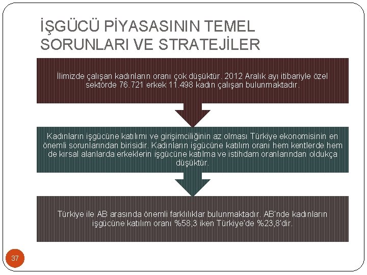 İŞGÜCÜ PİYASASININ TEMEL SORUNLARI VE STRATEJİLER İlimizde çalışan kadınların oranı çok düşüktür. 2012 Aralık İŞGÜCÜ PİYASASININ TEMEL SORUNLARI VE STRATEJİLER İlimizde çalışan kadınların oranı çok düşüktür. 2012 Aralık