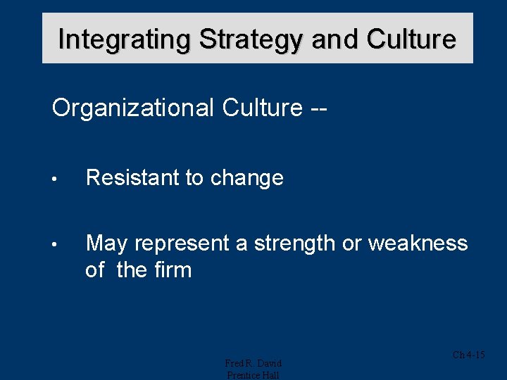 Integrating Strategy and Culture Organizational Culture - • Resistant to change • May represent Integrating Strategy and Culture Organizational Culture - • Resistant to change • May represent