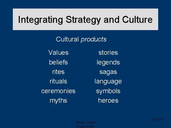 Integrating Strategy and Culture Cultural products Values beliefs rites rituals ceremonies myths stories legends Integrating Strategy and Culture Cultural products Values beliefs rites rituals ceremonies myths stories legends