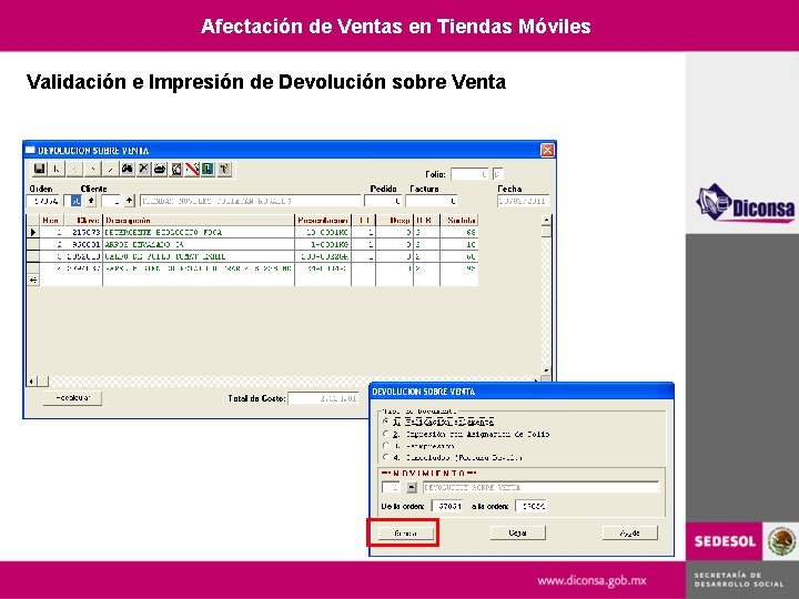 Afectación de Ventas en Tiendas Móviles Validación e Impresión de Devolución sobre Venta 