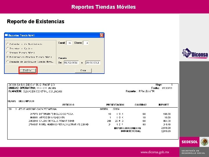 Reportes Tiendas Móviles Reporte de Existencias 