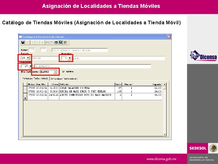 Asignación de Localidades a Tiendas Móviles Catálogo de Tiendas Móviles (Asignación de Localidades a